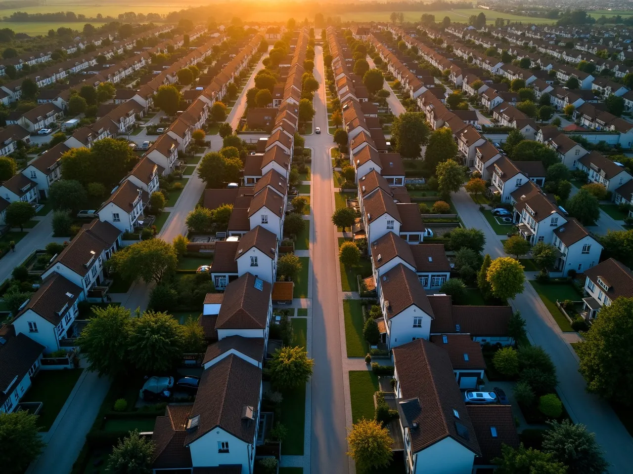 Luchtfoto van een woonwijk in Brabant bij zonsopkomst.