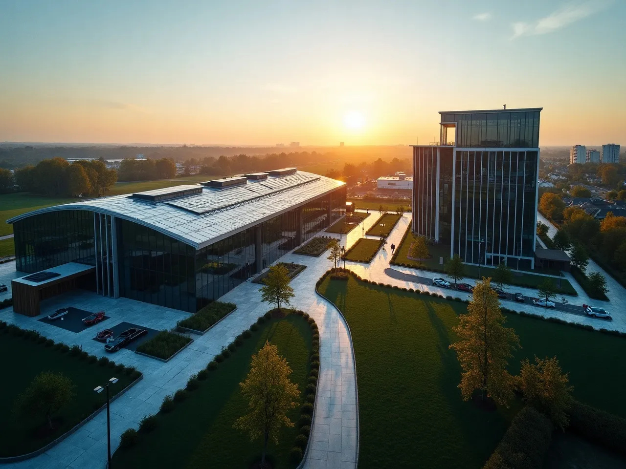 Dronebeeld van een modern bedrijvencampus bij gouden avondlicht.
