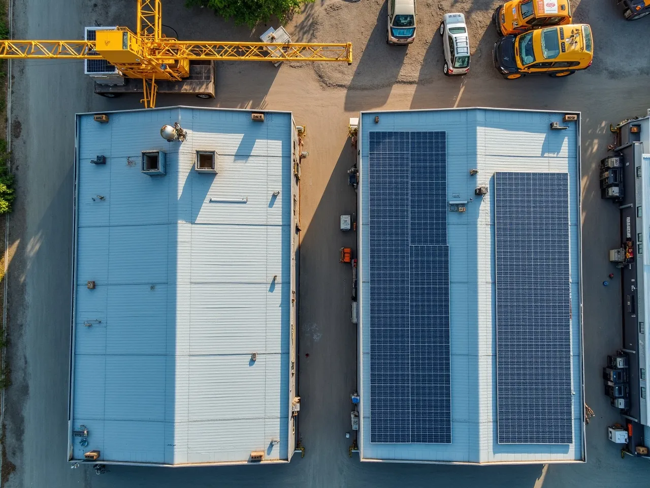Loodrechte drone-opname van bedrijfsdaken met zonnepanelen en een bouwkraan.