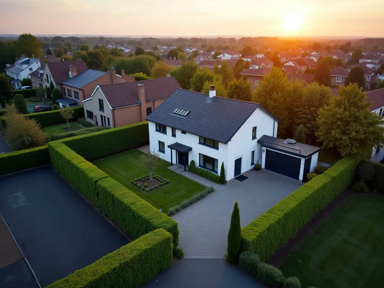 Luchtfoto van een vrijstaande woning met tuin in een Brabantse wijk bij zonsondergang.