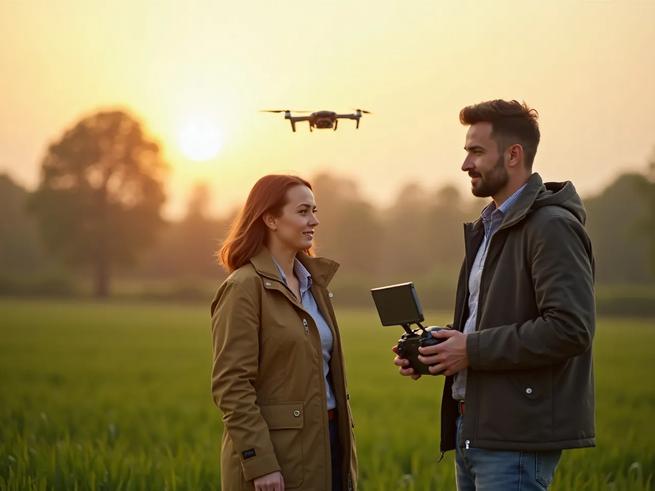 Twee dronepiloten van BOVEN overleggen op locatie in een veld bij gouden avondlicht.